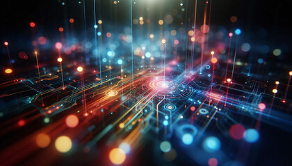 Fototapeta premium Abstract background from colored technological neon lines glowing in dark room