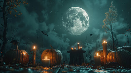 A Spooky Halloween Scene with a Jack-O-Lantern On a Table in the Foreground, Lit by Candlelight. The Background Shows a Dark and Eerie Forest Under a Full Moon