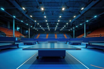side view Bright Professional table tennis arena with illuminated tables, blue floor no spectators empty