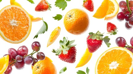 Fresh oranges and strawberries with green leaves on a white background, showcasing a vibrant and healthy fruit mix