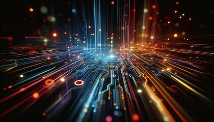 Obraz premium Abstract background from colored technological neon lines glowing in dark room