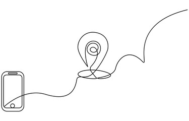 Continuous one line drawing of path and Location pointers. Simple pins on way between two points in thin Linear style. Gaps navigation and Travel concept. Doodle vector illustration, map