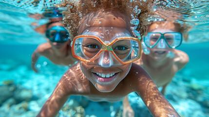 Naklejka premium Underwater portrait of happy children with snorkeling equipment