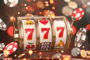 Slot machine wins the jackpot 777 in casino with flying chips around blurred background