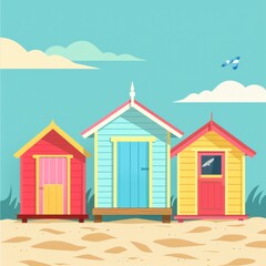 Beach huts, colorful and cozy shelters, flat design illustration
