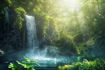 Obraz premium Tranquil Waterfall in a Lush Jungle.