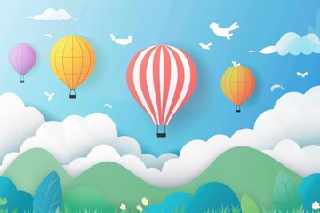 Hot air balloons, summer sky adventure, flat design illustration