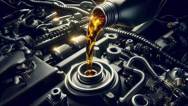 New motor oil being poured into a vehicle engine - Powered by Adobe