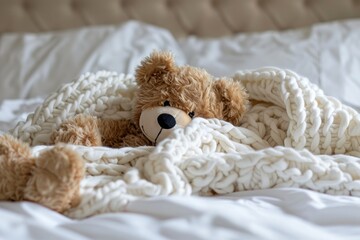 Teddy bear laying in white bed and feeling sick