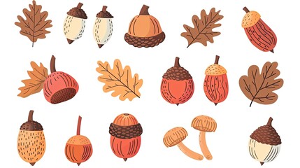 A set of illustrated acorns, oak leaves, and mushrooms in various autumn colors and designs on a white background