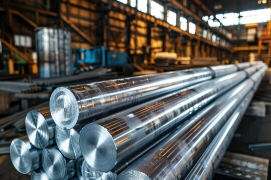 Thick aluminum rods in warehouse. Remelting ferrous metals. Metallurgy, Manufacture of foil and metal