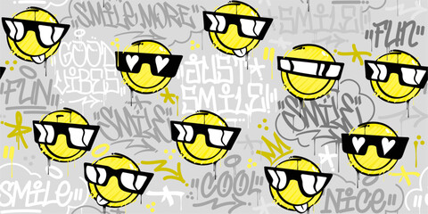 Cool Funny Trendy Abstract Street Art Graffiti Style Happy Smiling Face Seamless Background Template