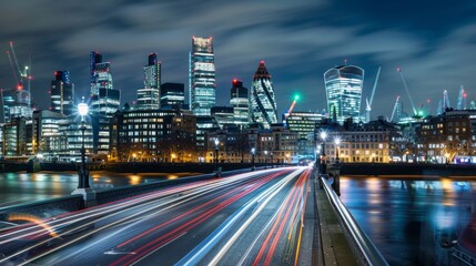 Obraz premium city ​​at night with tall buildings on a road with cars with sweeping effect