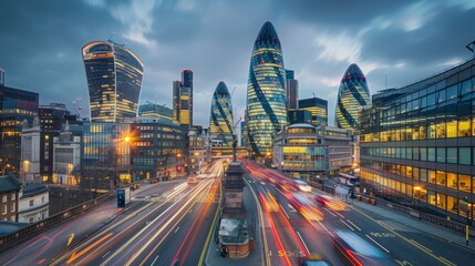 Obraz premium city ​​at night with tall buildings on a road with cars with sweeping effect