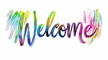 Obraz premium rainbow Welcome greeting text on white background with colorful waves and swirling lines, events, websites, greetings, hospitality industry and promotional materials