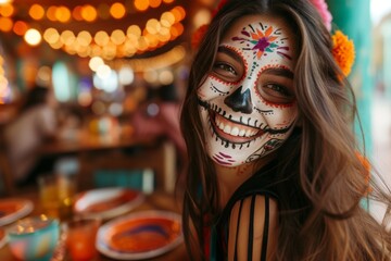 Fototapeta premium woman in Catrina makeup in a festive Mexican cantina for Día de Muertos