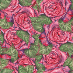 Seamless pattern with red roses drawn in watercolor. Watercolor roses with leaves in seamless illustration. An idea for decorating holidays and creating prints.