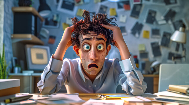 Stressed office worker pulling hair out at desk full of paperwork