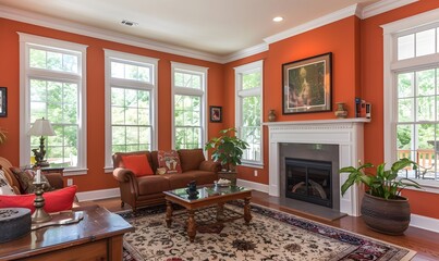 Cozy Living Room with Fireplace and Orange Walls