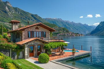 Luxurious stone villa with pool overlooking lake and mountains.