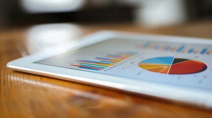 A detailed view of a financial pie chart and bar graph on a tablet screen.