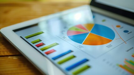 A detailed view of a financial pie chart and bar graph on a tablet screen.