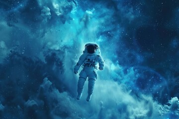 Fototapeta premium The astronaut floats weightlessly against backdrop of surreal blue clouds and starry space