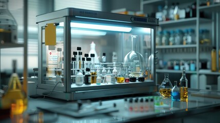 A detailed view of a laboratory fume hood with experiments set up inside.