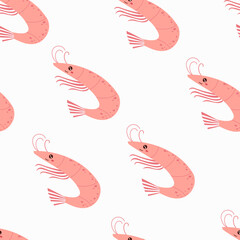 Cute shrimp seamless pattern, children background. Under the sea, water animal character, ocean fauna. Flat vector design.	