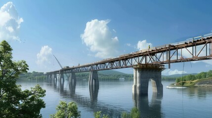 A bridge being built across a wide river, with steel girders and concrete pillars emerging from the water.