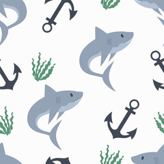 Cute children background with shark, seaweed, anchor . Under the sea seamless pattern, water animal character, ocean fauna. Flat vector design.