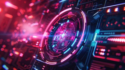 A digital background with a futuristic HUD (heads-up display) interface.