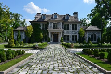 Obraz premium Stone driveway leading to grand manor house.
