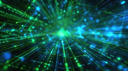 A digital grid with bright blue and green lines representing data transfer.