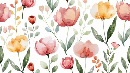 Watercolor Floral Pattern with Pink and Yellow Tulips