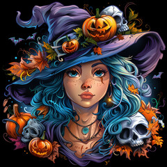 Enchanted Halloween Witch with Pumpkin on Black Background