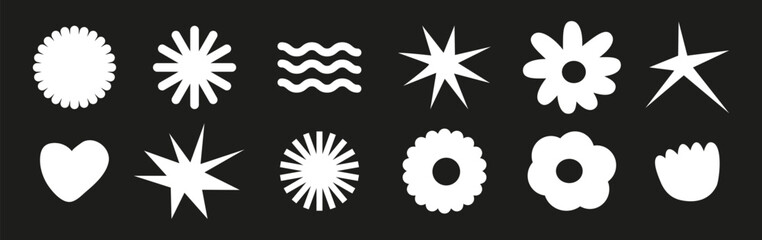 black flowers and shapes icons, including daisies, floral organic forms, clouds, stars, and other playful elements in a trendy brutal style. Perfect for adding a bold and unique touch to your designs,