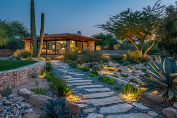 Stone path leading to modern desert home.