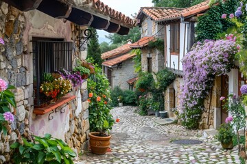 Cobblestone Street in a Quaint European Village.