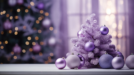 Christmas tree adorned with colorful ornaments including gold and purple baubles, set in a festive winter scene