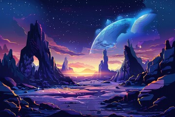 Mystical landscape with floating moon and glowing rocks