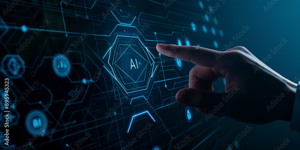 Poster businessman pointing artificial intelligence icon on virtual screen
