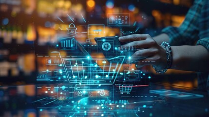 Digital online marketing commerce sale concept. Man using tablet payments online shopping and icon customer network connection on hologram virtual screen, m-banking and omni channel
