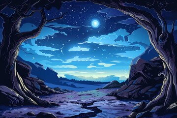 Mystical moonlit forest clearing with giant trees and starry night sky