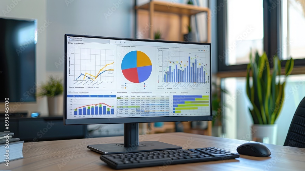 Poster a computer monitor displaying a pie chart and bar graph analysis, with a keyboard and mouse in front