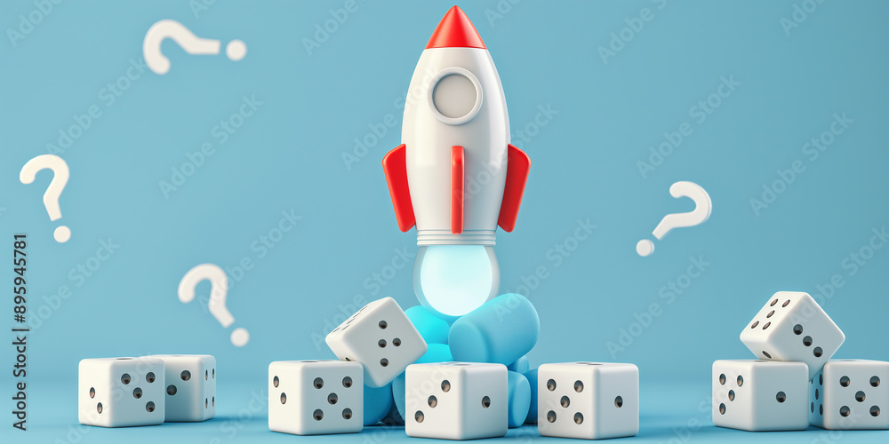 Poster Rocket taking off from dice with question marks surrounding it