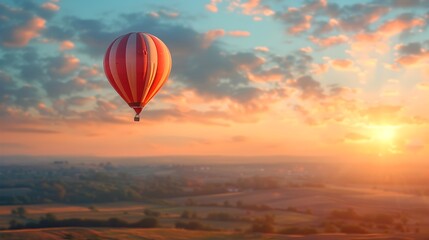 Fototapeta premium Vibrant Hot Air Balloon Silhouette Soaring Over Dramatic Sunset Landscape