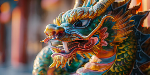 Fototapeta premium Colorful chinese dragon statue guarding a buddhist temple