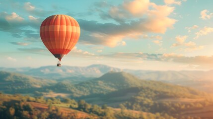 Obraz premium Majestic Hot Air Balloon Floating Over Scenic Mountain Landscape During Sunrise or Sunset