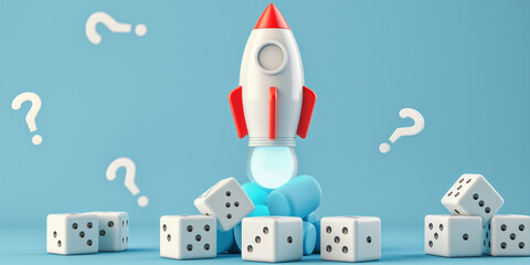 Naklejka premium Rocket taking off from dice with question marks surrounding it